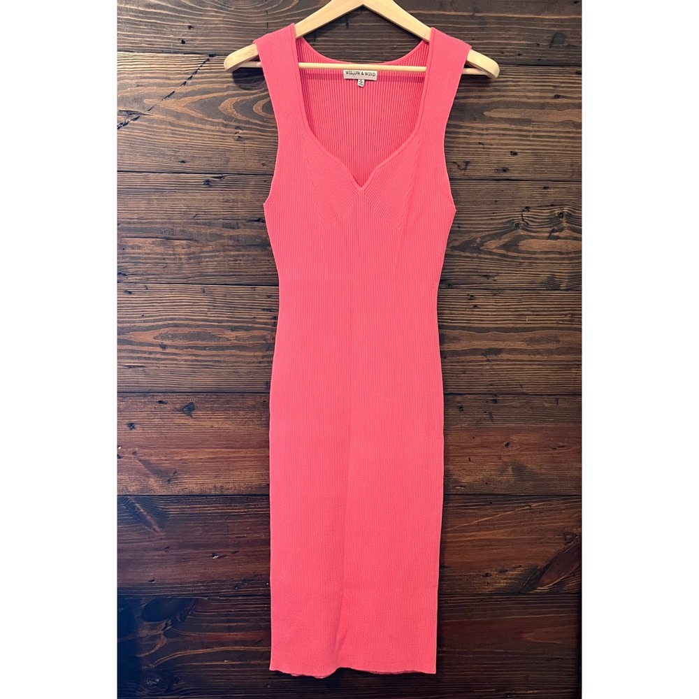 Willow & Wind Ribbed Knit Bodycon Dress Women XL Pink Salmon V-Neck Midi Barbie